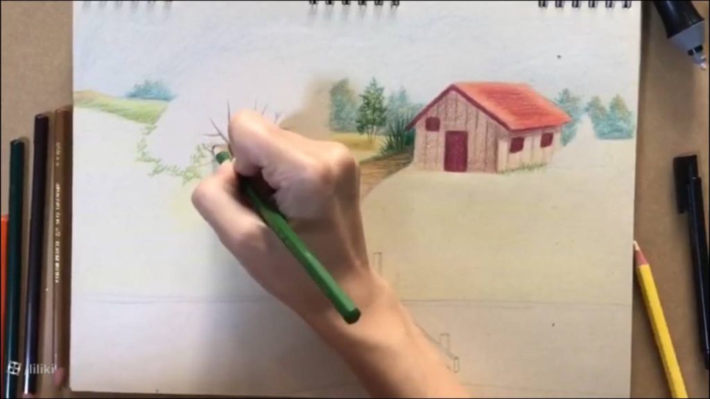 آموزش نقاشی حرفه ای منظره با مداد رنگی | رنگ آمیزی نقاشی درخت حرفه ای