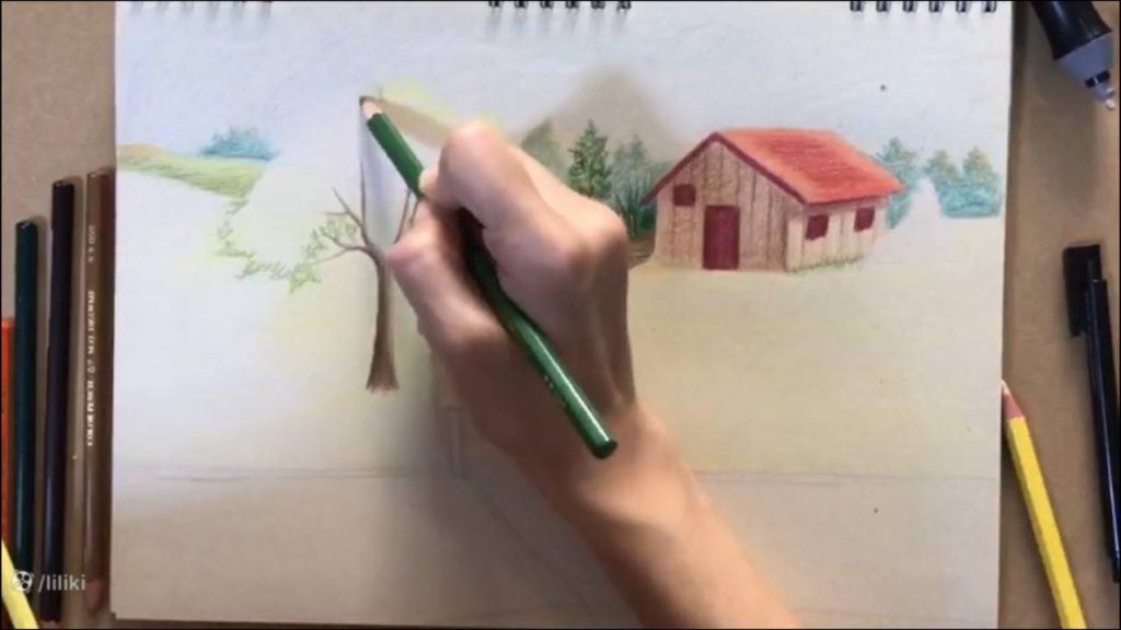 آموزش نقاشی حرفه ای منظره با مداد رنگی | رنگ آمیزی نقاشی درخت حرفه ای