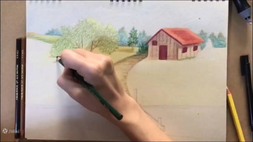 آموزش نقاشی حرفه ای منظره با مداد رنگی | رنگ آمیزی نقاشی درخت حرفه ای