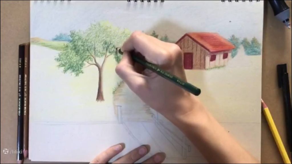 آموزش نقاشی حرفه ای منظره با مداد رنگی | رنگ آمیزی نقاشی درخت حرفه ای