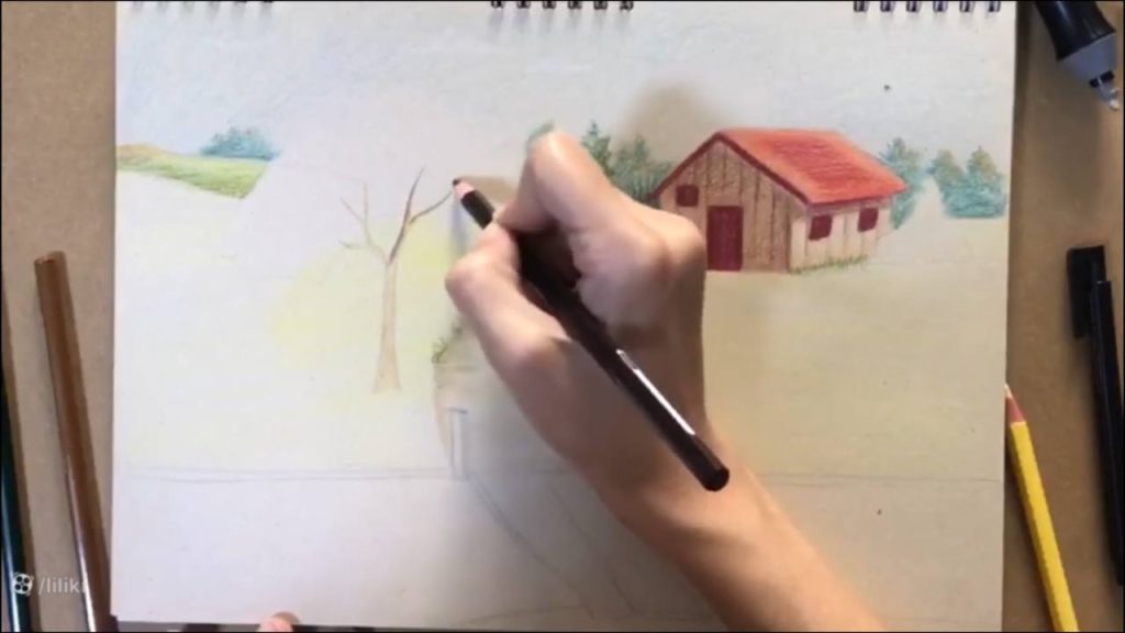 آموزش نقاشی حرفه ای منظره با مداد رنگی | رنگ آمیزی نقاشی درخت حرفه ای 4