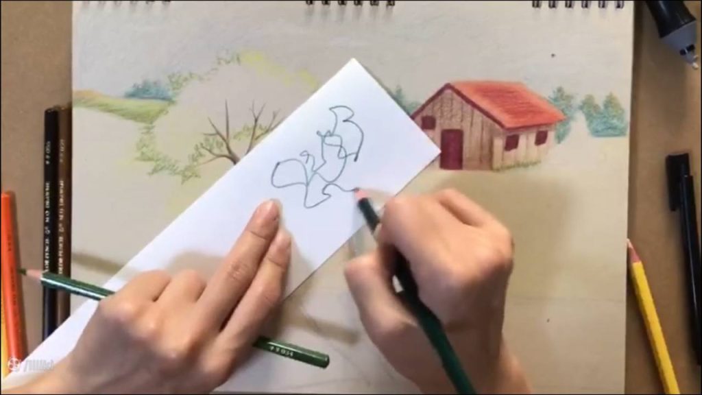 آموزش نقاشی حرفه ای منظره با مداد رنگی | رنگ آمیزی نقاشی درخت حرفه ای