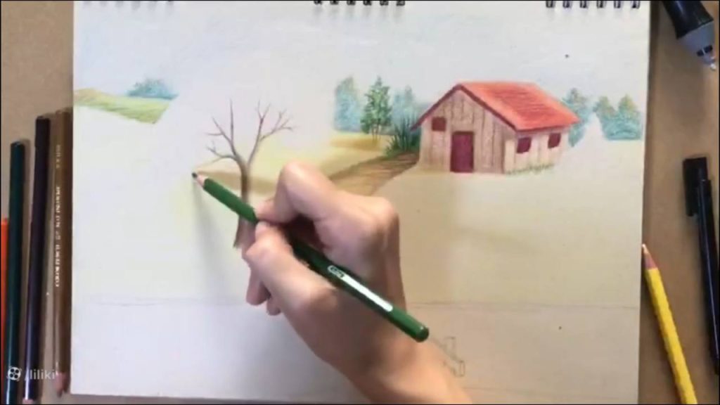 آموزش نقاشی حرفه ای منظره با مداد رنگی | رنگ آمیزی نقاشی درخت حرفه ای 4