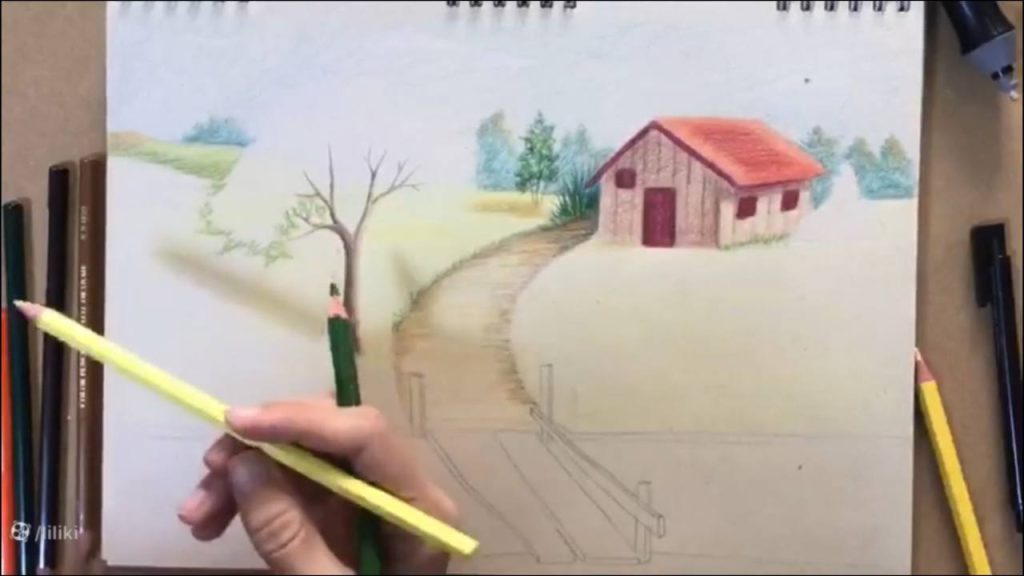 آموزش نقاشی حرفه ای منظره با مداد رنگی | رنگ آمیزی نقاشی درخت حرفه ای