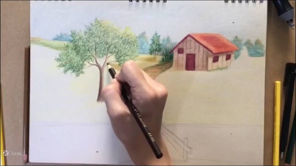 آموزش نقاشی حرفه ای منظره با مداد رنگی | رنگ آمیزی نقاشی درخت حرفه ای