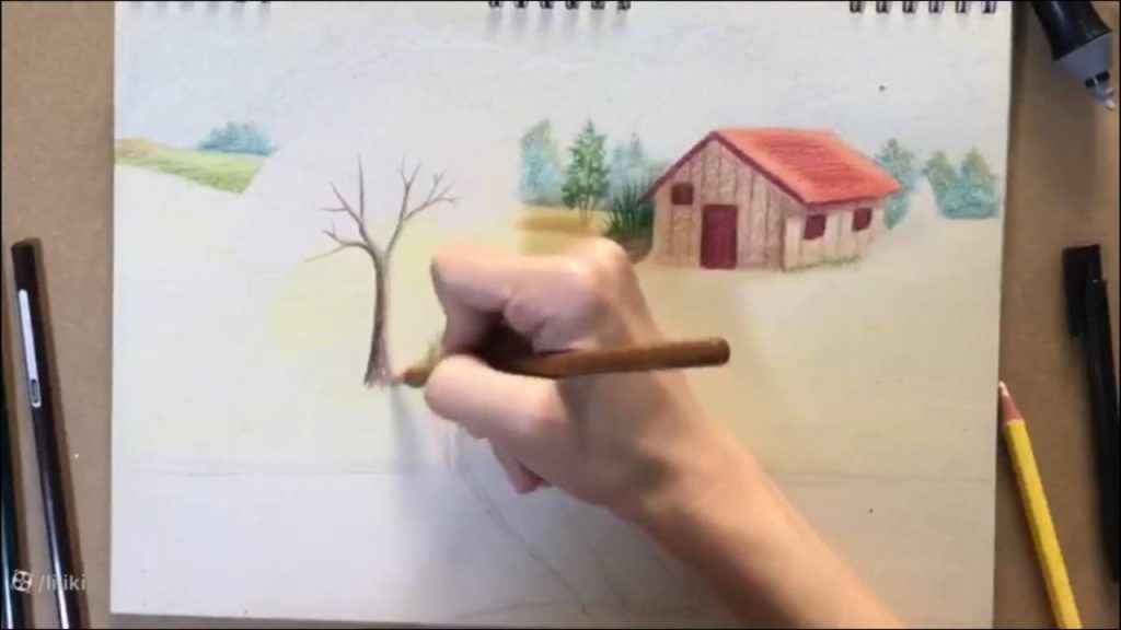 آموزش نقاشی حرفه ای منظره با مداد رنگی | رنگ آمیزی نقاشی درخت حرفه ای 4