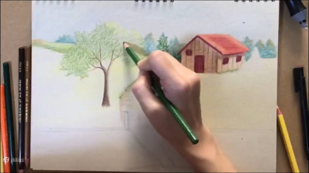 آموزش نقاشی حرفه ای منظره با مداد رنگی | رنگ آمیزی نقاشی درخت حرفه ای