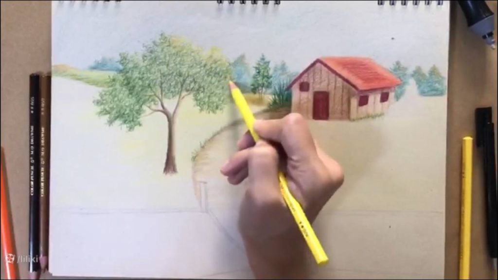 آموزش نقاشی حرفه ای منظره با مداد رنگی | رنگ آمیزی نقاشی درخت حرفه ای