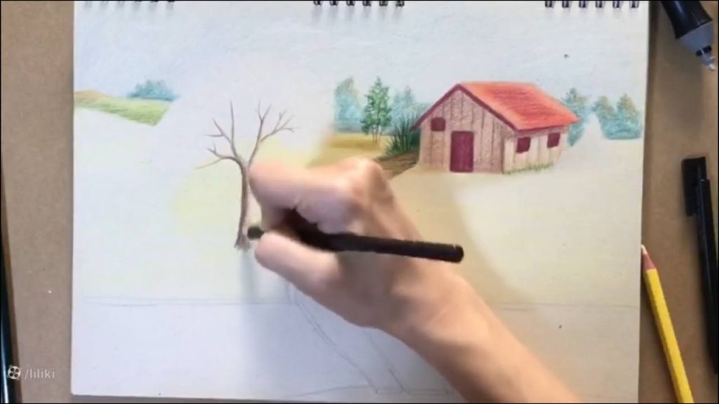 آموزش نقاشی حرفه ای منظره با مداد رنگی | رنگ آمیزی نقاشی درخت حرفه ای 4