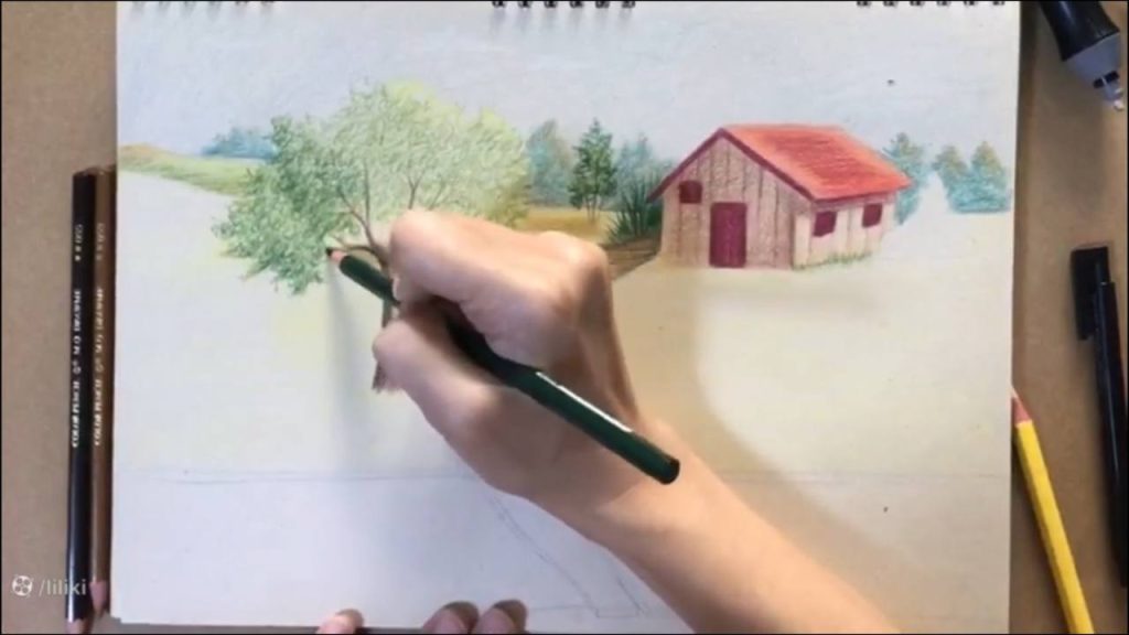 آموزش نقاشی حرفه ای منظره با مداد رنگی | رنگ آمیزی نقاشی درخت حرفه ای