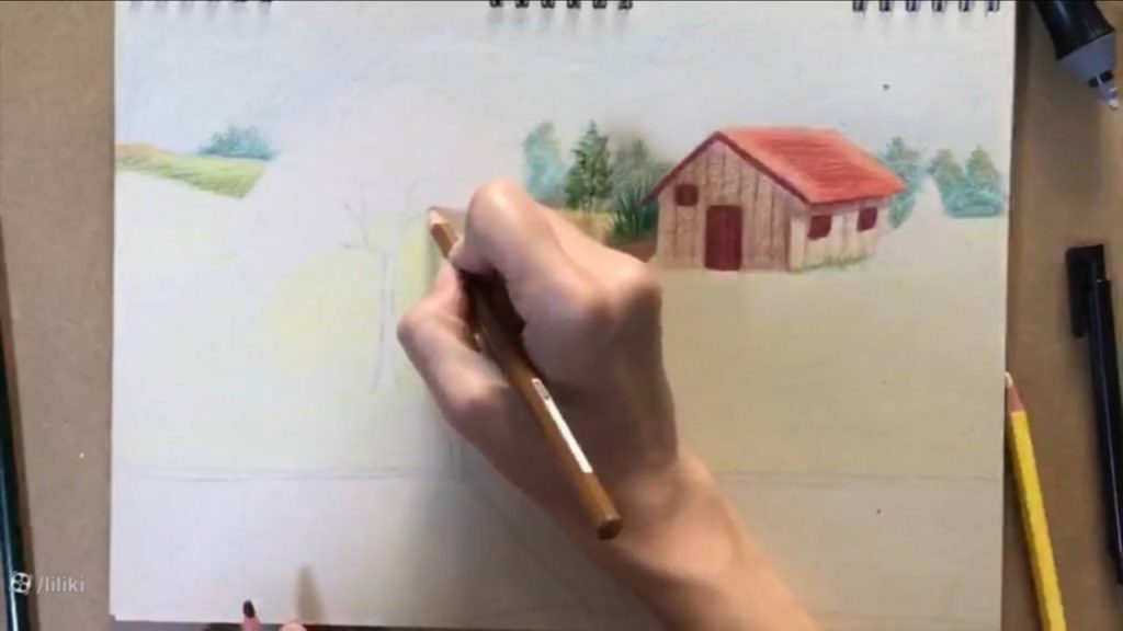 آموزش نقاشی حرفه ای منظره با مداد رنگی | رنگ آمیزی نقاشی درخت حرفه ای 4