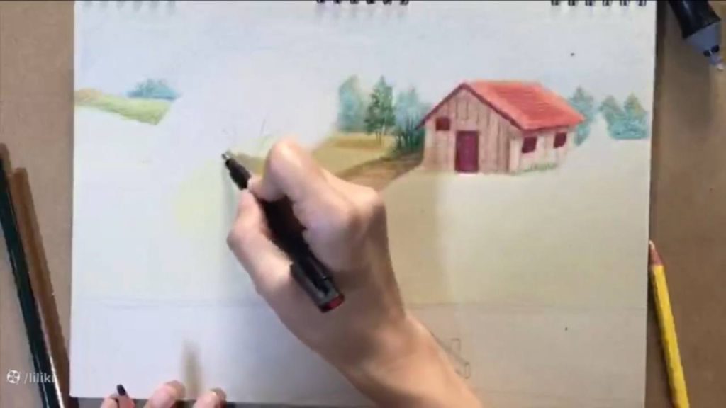 آموزش نقاشی حرفه ای منظره با مداد رنگی | رنگ آمیزی نقاشی درخت حرفه ای 4