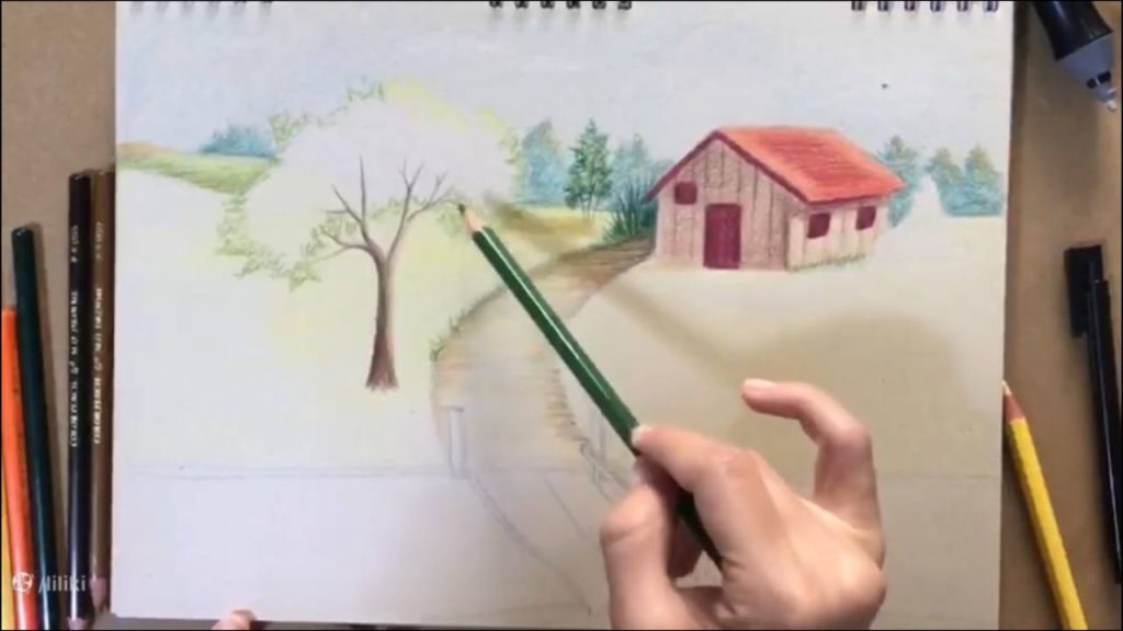 آموزش نقاشی حرفه ای منظره با مداد رنگی | رنگ آمیزی نقاشی درخت حرفه ای