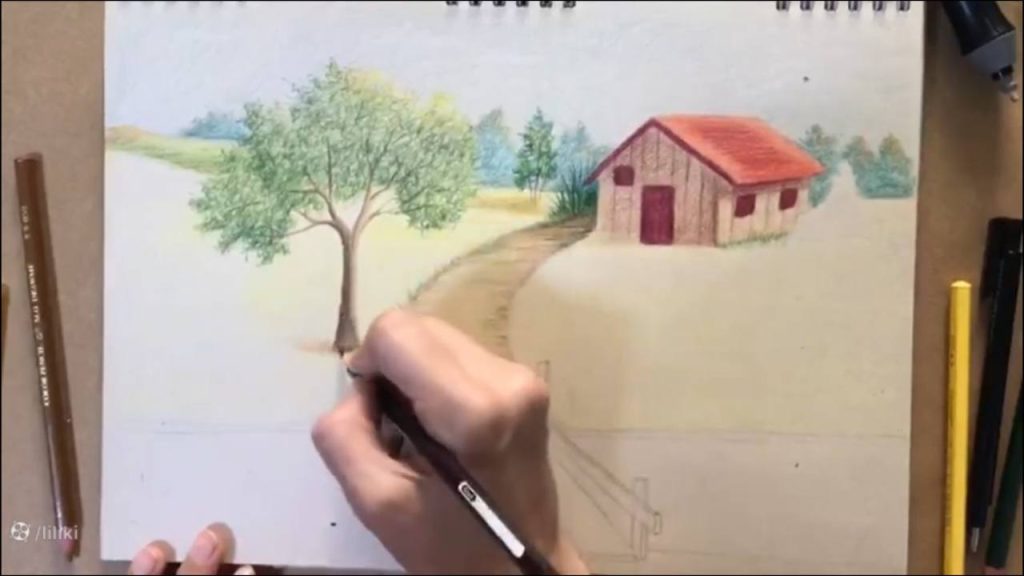 آموزش نقاشی حرفه ای منظره با مداد رنگی | رنگ آمیزی نقاشی درخت حرفه ای