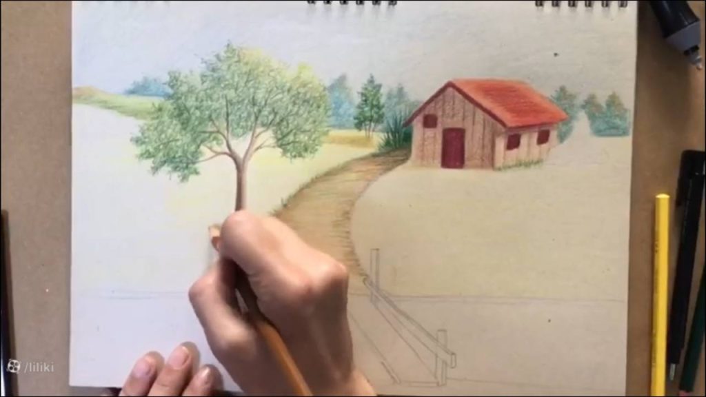 آموزش نقاشی حرفه ای منظره با مداد رنگی | رنگ آمیزی نقاشی درخت حرفه ای