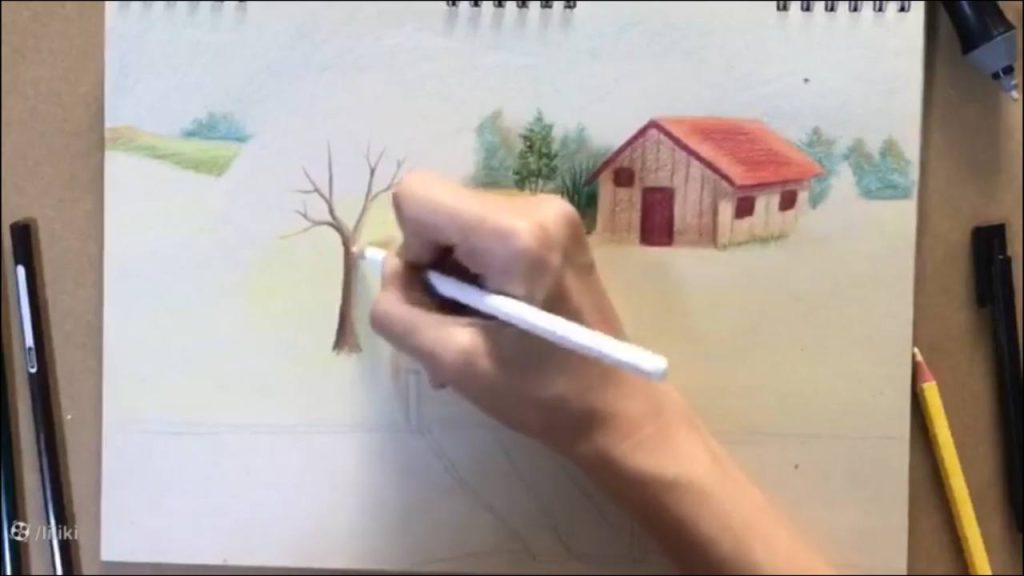 آموزش نقاشی حرفه ای منظره با مداد رنگی | رنگ آمیزی نقاشی درخت حرفه ای 4