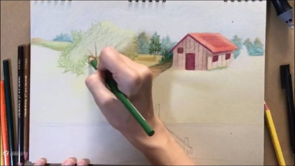 آموزش نقاشی حرفه ای منظره با مداد رنگی | رنگ آمیزی نقاشی درخت حرفه ای