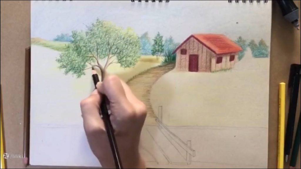 آموزش نقاشی حرفه ای منظره با مداد رنگی | رنگ آمیزی نقاشی درخت حرفه ای