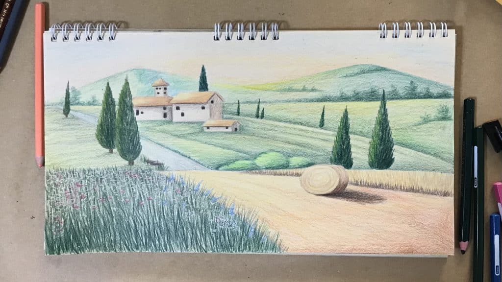 نقاشی طبیعت سخت با مداد رنگی نقاشی منظره با مداد رنگی سخت