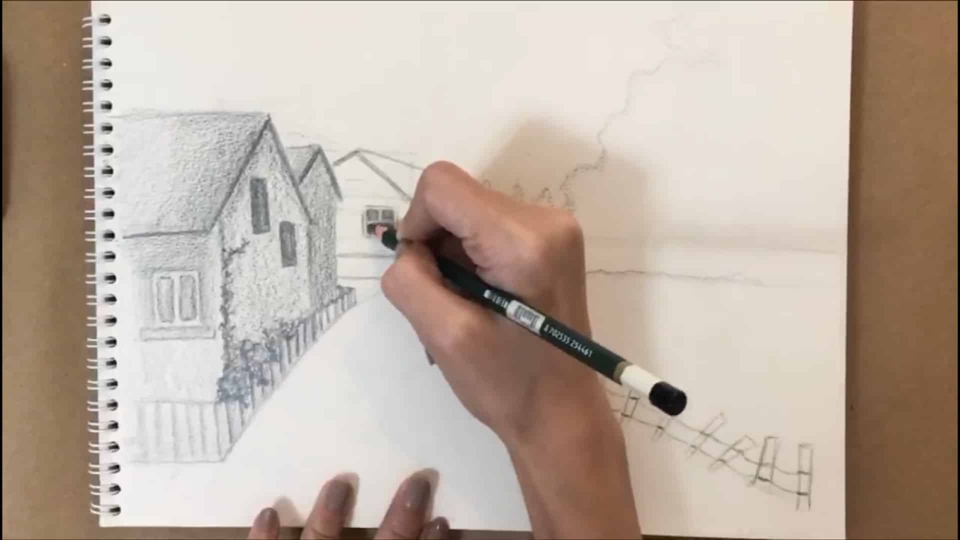 آموزش طراحی منظره روستایی با مداد سیاه | سایه زنی قسمت دوم