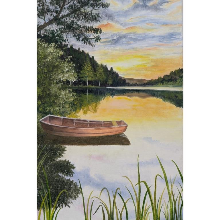 تابلو نقاشی رنگ روغن منظره دریاچه کار دست