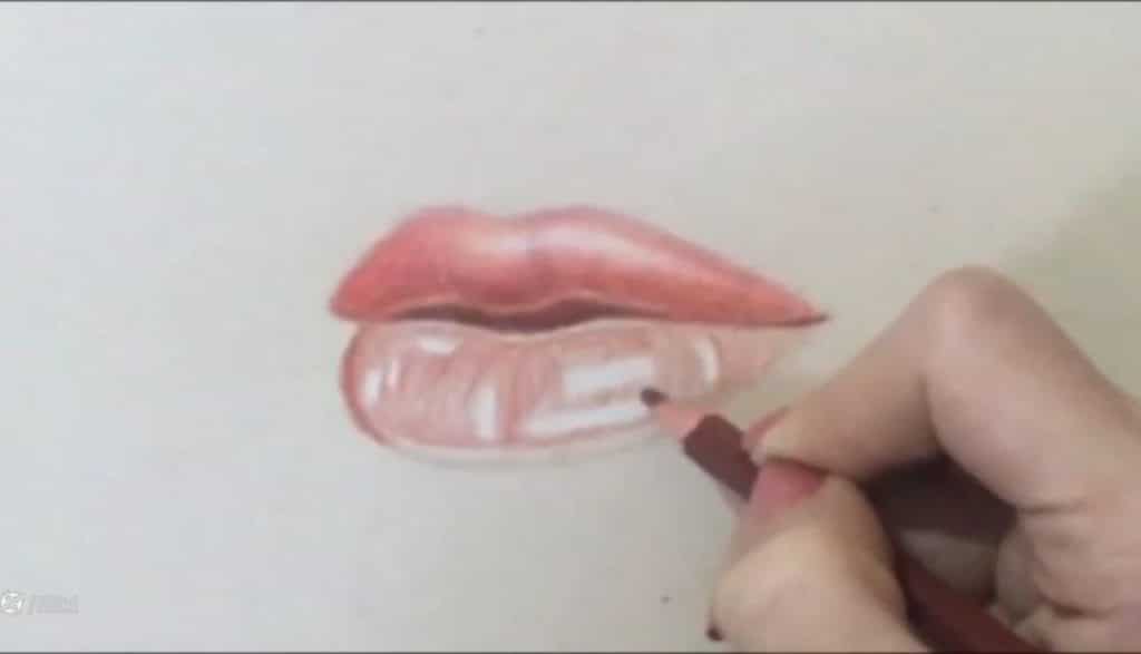 جهتگذاری نهایی و تقویت درخشش نور در طراحی لب با مداد رنگی