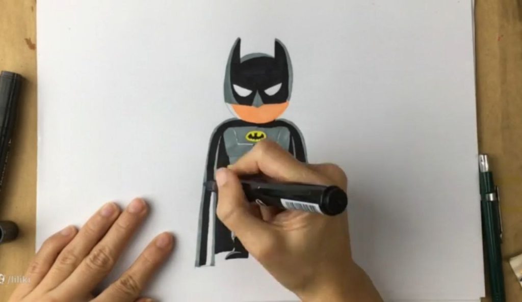 رنگ کردن شنل و کنترل خطوط در نقاشی پسرانه بتمن